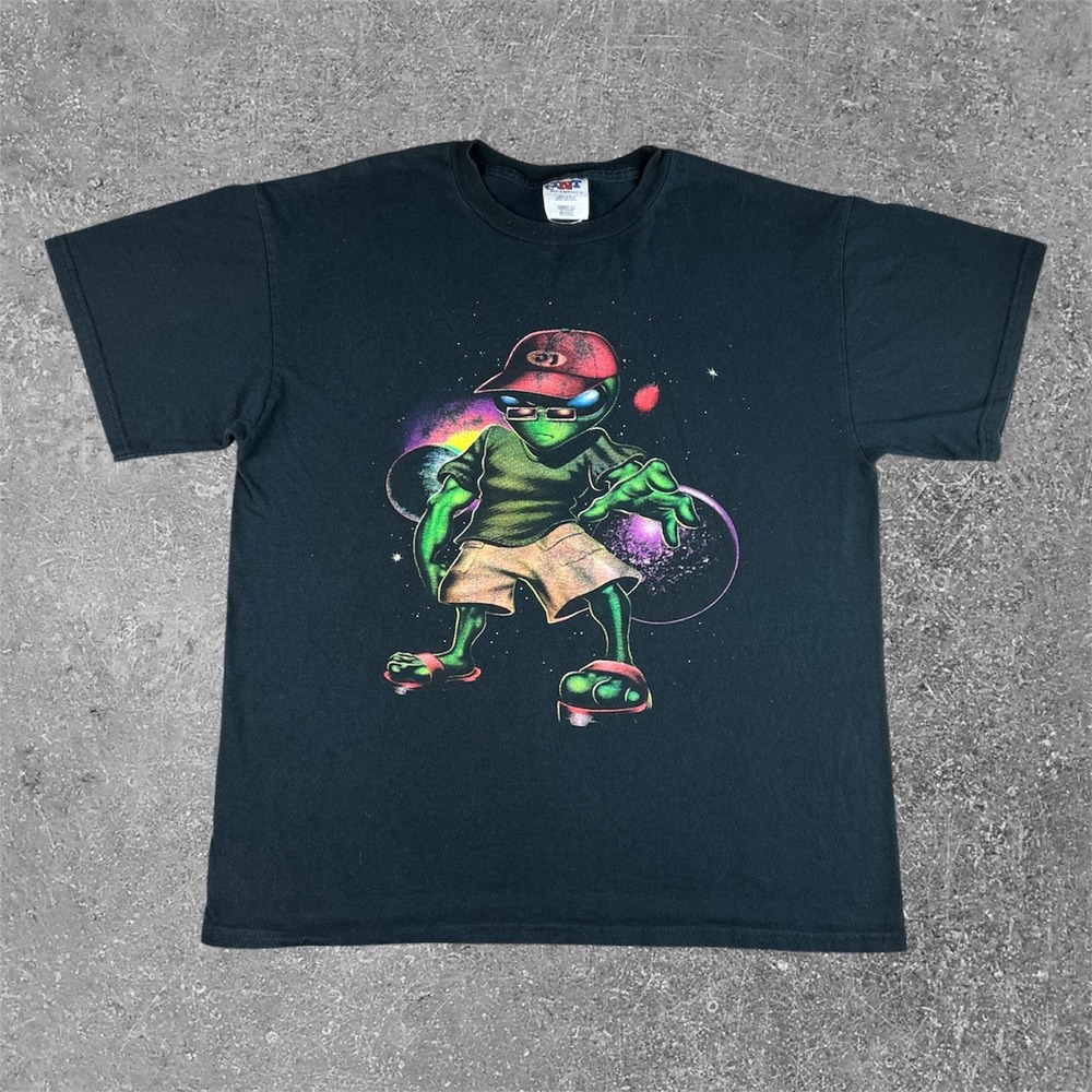 Vintage DJ Alien T-Shirt Mens Large Black Space Graphic 90s TNT Streetwear Baggy